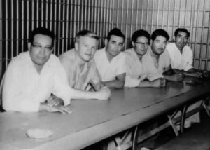Clinton Jencks with union members of Local 890, IUMMSW, Bayard, New Mexico, 1951, at the height of the “Salt of the Earth” labor strike. From Left to Right: Ernesto Velasquez; Clinton Jencks; Pablo Montoya; Fred Barreras; Cipriano Montoya; Vicente Becerra. Photograph courtesy of the Chicano Research Collection, Hayden Library