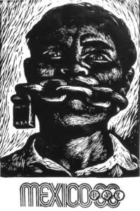 MORDAZA La represión del gobierno al movimiento estudiantil, particularmente con la masacre del 2 de octubre fue representada por dibujantes anónimos —en carteles populares como este— como una censura a la libre expresión. 