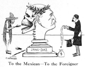 Caricatura por Carlo de Fornaro en la que se muestran las dos caras de Porfirio Díaz, una para el mexicano y otra para el extranjero.