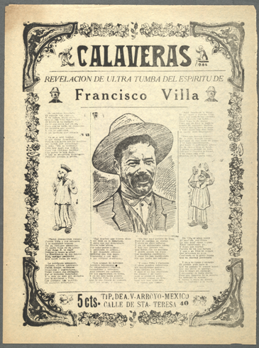Another broadside illustrated by Posada shows a bust portrait of Francisco Villa and two small skulls. The VERSES convey the malady that Francisco Villa's soul is in after his death.