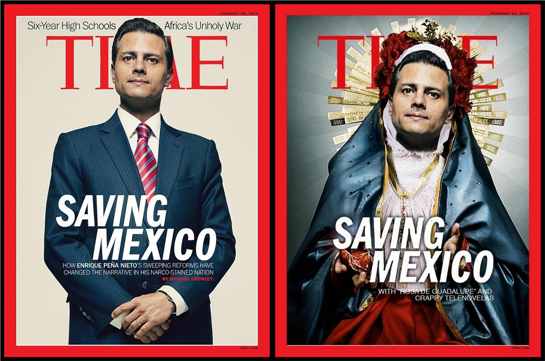 Cuando la revista estadounidense TIME publicó en su portada al presidente de mexicano Enrique Peña Nieto (izq.) —presentándolo como el salvador de México— los creadores de memes de internet presentaron su propia versión de la portada con una ironía rayando en lo genial.