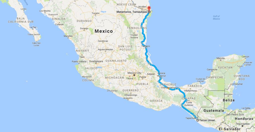 Mapa del trayecto más cercano desde la frontera de México con Guatemala a la de EE.UU. Imagen: Mapas Google