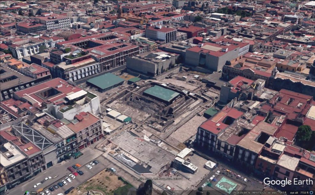 Vista aérea de la zona del Templo Mayor en el Centro Histórico de la Ciudad de México. Foto: Google Earth