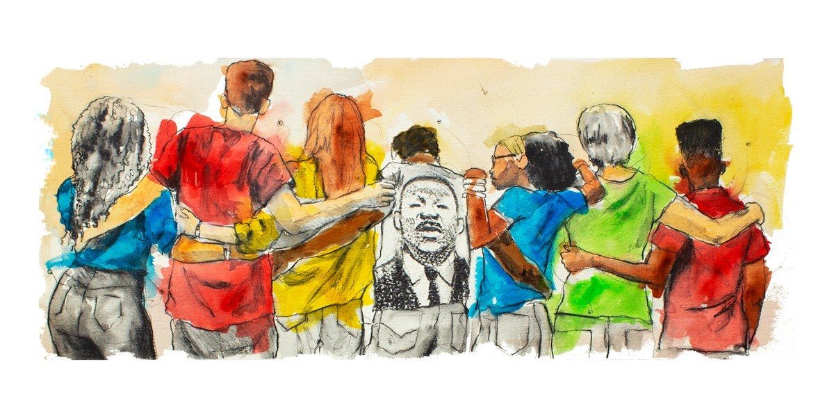 El Doodle, que expresa un claro mensaje de solidaridad con sus semejantes, fue creado para Google por el artista Dr. Fahamu Pecou. En él, puedes ver a siete personas abrazándose y apoyadas una en la otra, con una que lleva una camisa que representa al Dr. Martín Luther King, Jr.. El color de la camisa de cada persona representa libremente los colores habituales de la palabra "Google".