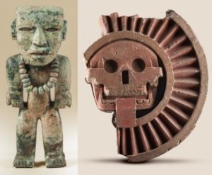 Entre los objetos arqueológicos de la muestra Teotihuacan: city of water, city of fire se encuentran una Figura de pie y escultura antropomorfa (izq.) y el Disco de la Muerte. Foto: Jorge Pérez de Lara | INAH
