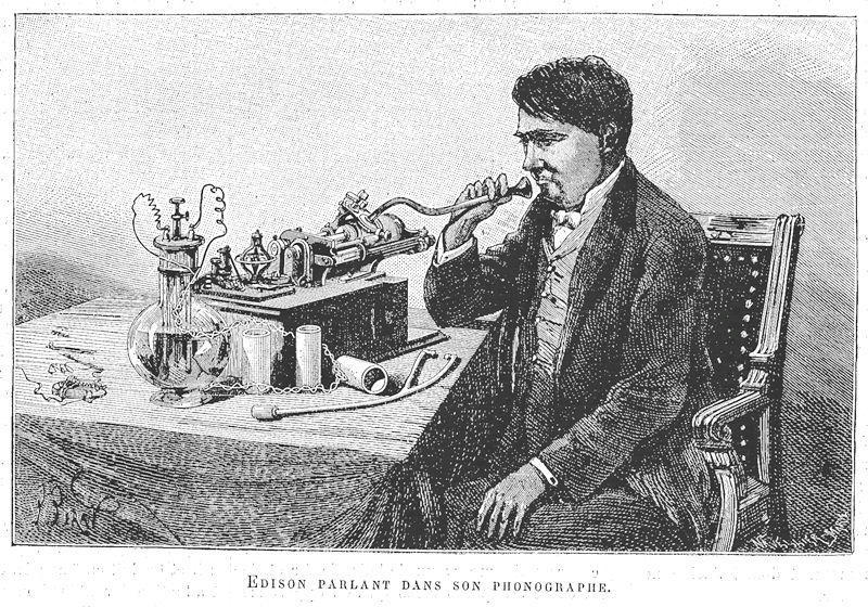 Un grabado que muestra a Tomás Alva Edison junto a su revolucionaria invención, el fonógrafo. 