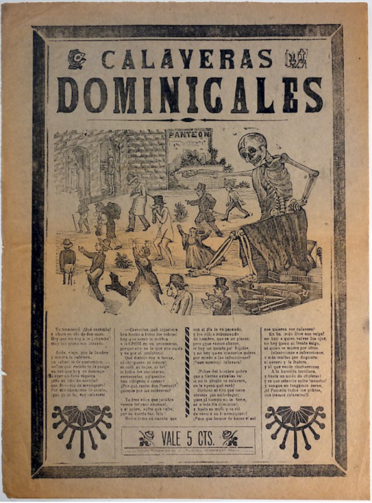 Una hoja volante ilustrada por Manuel Manilla titulada Calaveras Dominicales.