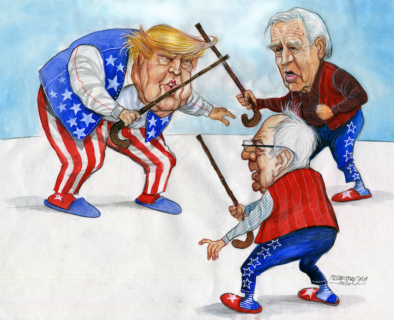 Donald Trump, Joe Biden y Bernie Sanders. Los viejitos en combate. Cartón por Petar Pismestrovic | Kleine Zeitung
