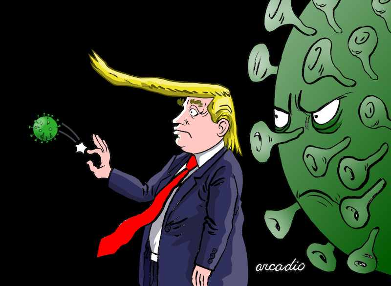 Trump minimiza el coronavirus. Cartón por Arcadio Esquivel