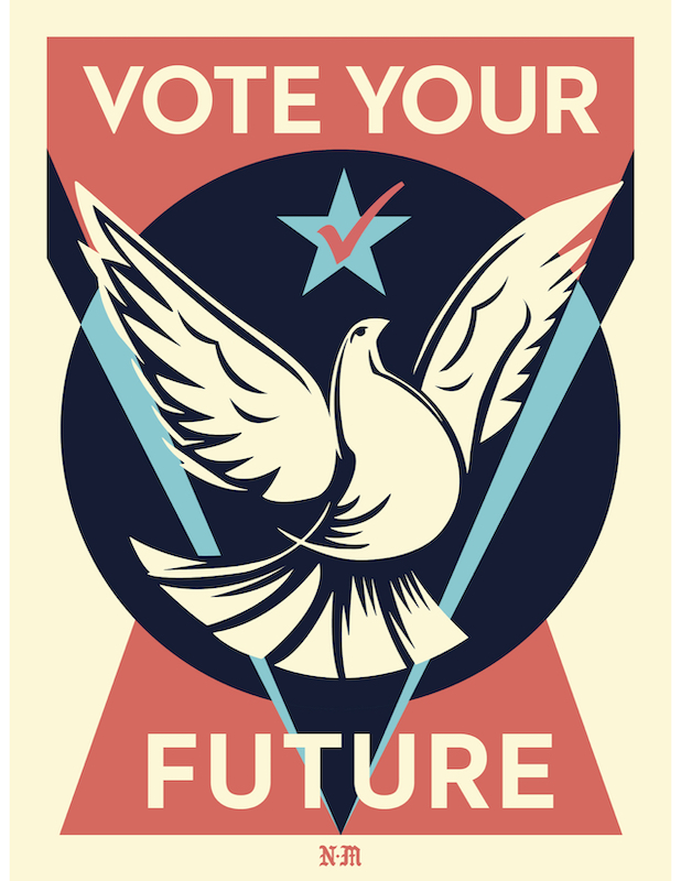 El artista Francisco Reyes, Jr., conocido por su seudónimo Never Made, creó esta imagen para la campaña “Tu voto es tu poder”, la cual busca aumentar la participación de la juventud estadounidense en las elecciones de 2020. 