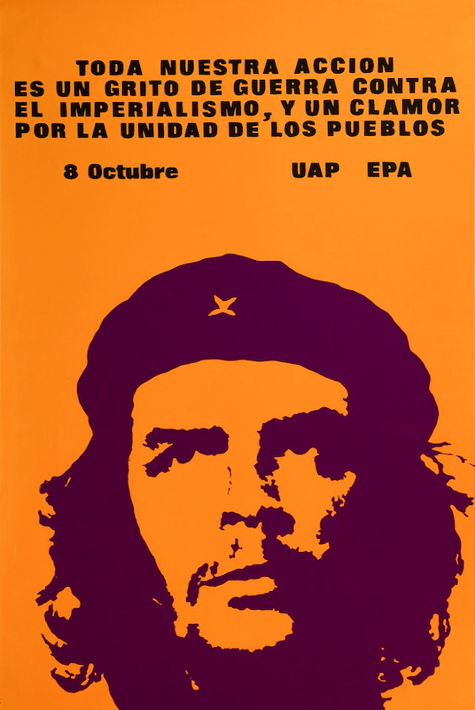 Un cartel popular con la imagen de Ernesto “Che” Guevara creado por estudiantes de la Escuela de Arte Popular de la Universidad Autónoma de Puebla, con el título “Toda nuestra acción es un grito de guerra contra el imperialismo”. Durante el movimiento estudiantil de 1968 en México, los estudiantes usaban imágenes de hombres revolucionarios como Guevara como un símbolo de unidad contra la dominación de Estados Unidos. 