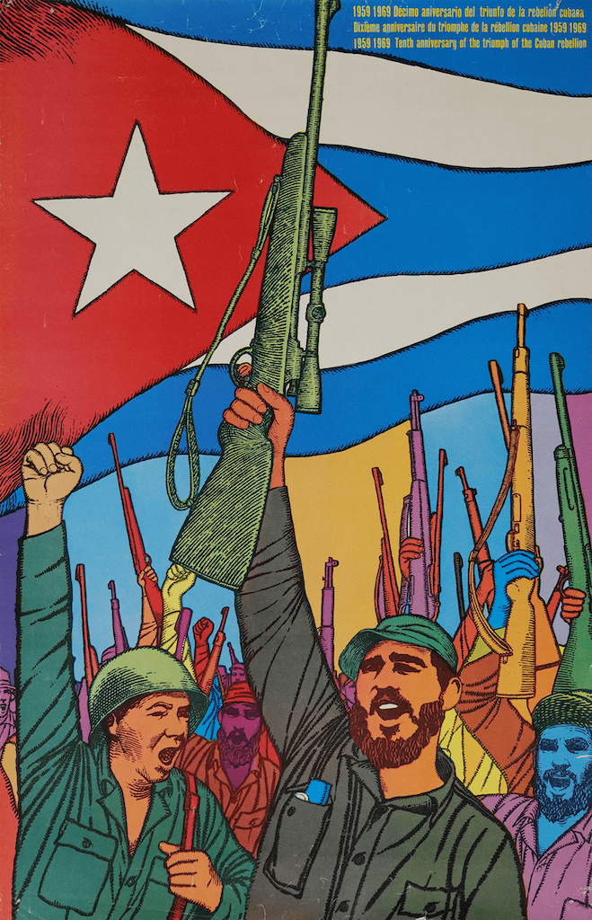 Un poster de 1969 conmemora el décimo aniversario del triunfo de la Revolución cubana. El régimen de Fidel Castro viró después al comunismo. Esta ideología permaneció a la vanguardia del discurso político mexicano durante toda la década de 1960. Ilustración: Felix René Mederos Pazos