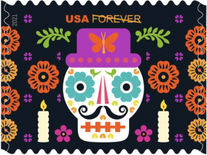 This Day of the Dead stamps issued by the United States Postal Office in 2021 was illustrated and design by Mexican artist Luis Finch, and it’s one of a set of four celebrating the Mexican tradition.