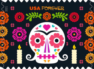 Esta estampilla del Día de los Muertos emitida por la Oficina Postal de Estados Unidos en 2021 fue ilustrada y diseñada por el artista mexicano Luis Finch, y es una de una serie de cuatro que celebran la tradición mexicana.