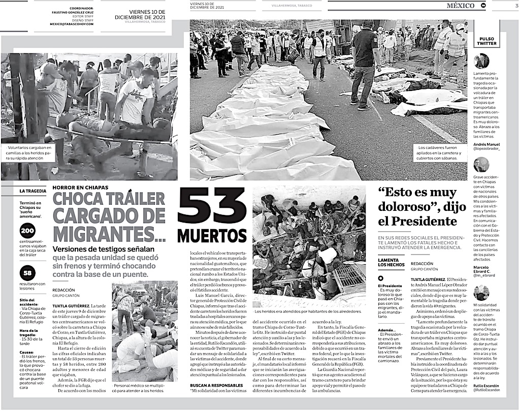 La edición del 10 de diciembre del diario mexicano “Tabasco Hoy” muestra escenas de la volcadura del camión que transportaba más de 100 migrantes indocumentados en el estado de Chiapas, que dejó un saldo de 53 muertos.