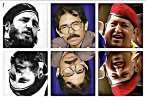 Fidel Castro (Cuba), Daniel Ortega (Nicaragua) y Hugo Chávez (Venezuela), son tres ejemplos de revolucionarios latinoamericanos que se convirtieron en dictadores al establecer gobiernos autoritarios en su países después de derrocar a otras autocracias. Collage: Barriozona Magazine © 2023
