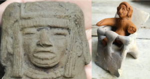 Sorprendentes figurillas fueron encontradas en el sitio arqueológico de una aldea teotihuacana en las cercanías de Tlatelolco, en la Ciudad de México, incluida una de la cultura teotihuacana (izquierda) y una de la cultura mexica de un infante sentado en silla. Fotos: Juan Carlos Campos Varela | INAH
