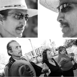 A collage of images features Tupac Enrique Acosta outside the Arizona State Capitol, taken on April 30, 2010. In one he is seen holding hands with farmworkers organizer Dolores Huerta during a prayer. Photos: Eduardo Barraza | Barriozona Magazine © 2023