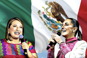 Claudia Sheinbaum del partido oficial y Xóchitl Gálvez de la oposición, se perfilan como las principales contendientes en elecciones presidenciales de 2024 en México. Collage: Barriozona Magazine | 2023