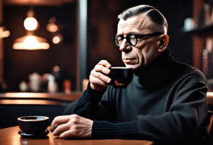 Jean-Paul Sartre, una presencia constante en los cafés parisinos, contribuyó a una cultura del café vibrante. Su influencia en la moda era evidente en el estilo de la "Rive Gauche", caracterizado por cuellos altos negros, boinas y gabardinas; una expresión de moda que encarnaba la libertad intelectual y la resistencia inspirada en sus ideas. Ilustración: Barriozona Magazine © 2023