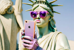 The current dilemma surrounding the relationship between freedom and social media is based on the fact that, while these platforms have democratized communication, they have also led to the creation of echo chambers, the spread of misinformation, and privacy concerns. The image seeks to illustrate this paradox with a robotic representation of the Statue of Liberty holding a mobile device, symbolizing the tension between freedom and the emerging challenges of the digital age. Image: Barriozona Magazine © 2023