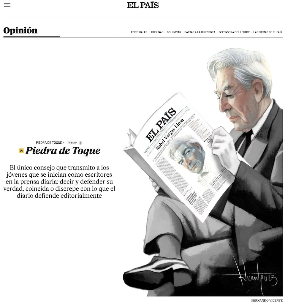Una imagen de pantalla tomada del sitio del diario español "El País" de la página en la que se publica la columna "Piedra de Toque", del escritor Mario Vargas LLosa. 