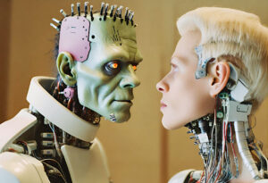 La figura de Frankenstein encapsula de manera asombrosa nuestra vertiginosa danza con la tecnología, donde hemos forjado inteligencia artificial que susurra en nuestros oídos, algoritmos que moldean nuestra realidad y herramientas de edición genética que reescriben la esencia misma de la vida. Ilustración: Barriozona Magazine © 2023