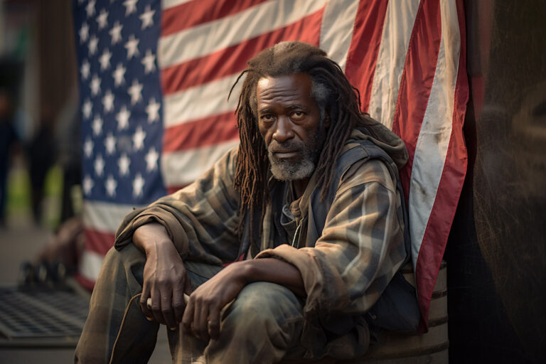 Una imagen generada por IA de un hombre afroamericano sin hogar sentado en la acera de una de calle en una ciudad de Estados Unidos con la bandera de este país en el fondo busca ilustrar la crisis de falta de vivienda, un problema social que se ha incrementado. Imagen: Valeriia | AdobeStock | Generada con IA