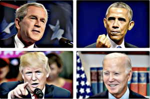George W. Bush, Barack Obama, Donald Trump, and Joe Biden stand as the four presidents of the United States who've steered American politics from 2000 to 2024. From the contentious election of 2000, marred by a disputed vote count, to the 2020 elections riddled with accusations of electoral fraud, the nation has witnessed a surge in polarization, division, misinformation, and hyper-partisanship. Collage: Barriozona Magazine (images from the U.S. Department of Energy (Bush); Johan Viirok (Obama); Gage Skidmore (Trump); and The White House (Biden).