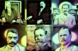 Algunos de los hombres más importantes que escribieron la historia de la Revolución mexicana fueron Porfirio Díaz, Francisco I. Madero, Pancho Villa, Emiliano Zapata, Venustiano Carranza, y Álvaro Obregón. Collage: Barriozona Magazine 2024