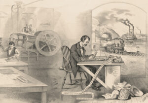 “El progreso del siglo”, una litografía de 1876, ilustra el positivismo de Augusto Comte con imágenes de un hombre utilizando un telégrafo, una prensa de vapor, un barco de vapor y una locomotora. Esta obra, que refleja las políticas modernizadoras del presidente mexicano Porfirio Díaz, incluyendo la expansión del ferrocarril y el fomento de la inversión extranjera, fue creada por Currier & Ives en Nueva York y se encuentra en la Biblioteca del Congreso de Estados Unidos