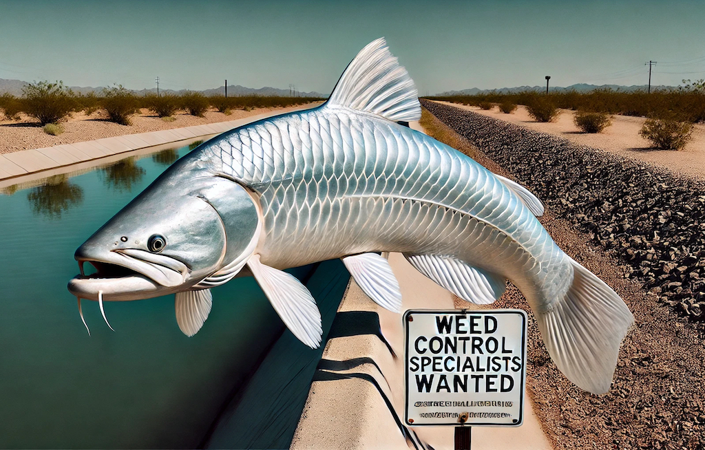 A "Weed Control Specialists Wanted" sign highlights the white amur fish's eco-friendly role in managing waterway vegetation, as the shimmering fish glides gracefully through an Arizona canal. AI Illustration created by Barriozona Magazine using DALL·E.