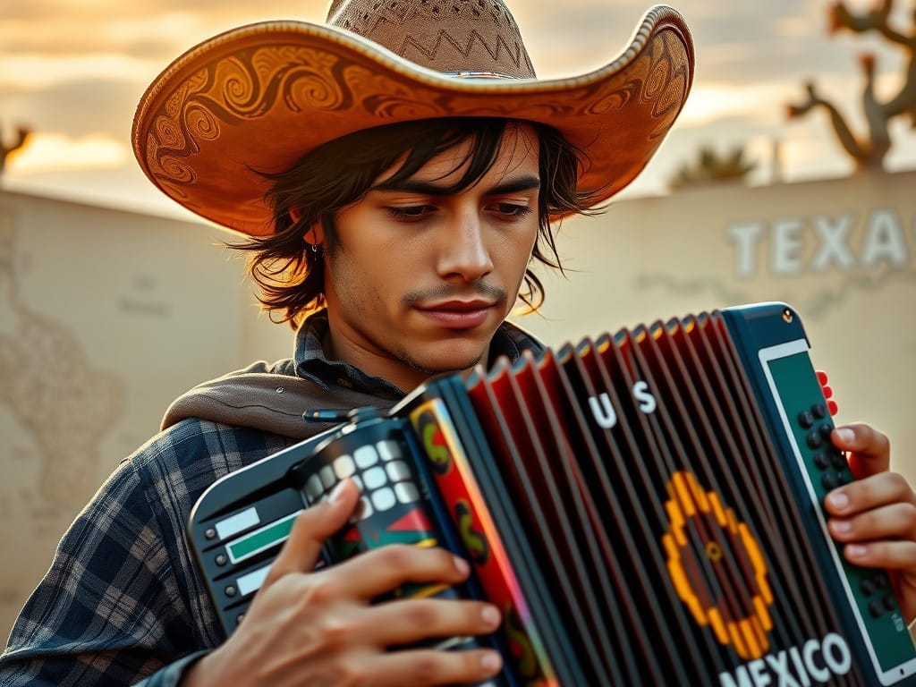 El acordeón es el corazón de la música Tex-Mex, un puente cultural entre México y Estados Unidos. Adoptado de inmigrantes alemanes, fue transformado por comunidades chicanas en símbolo de identidad y resistencia. Los acordeonistas, maestros de ritmos rancheros, polkas y cumbias, mantienen viva la tradición mientras la proyectan a escenarios internacionales. Ilustración IA: Barriozona Magazine © 2024