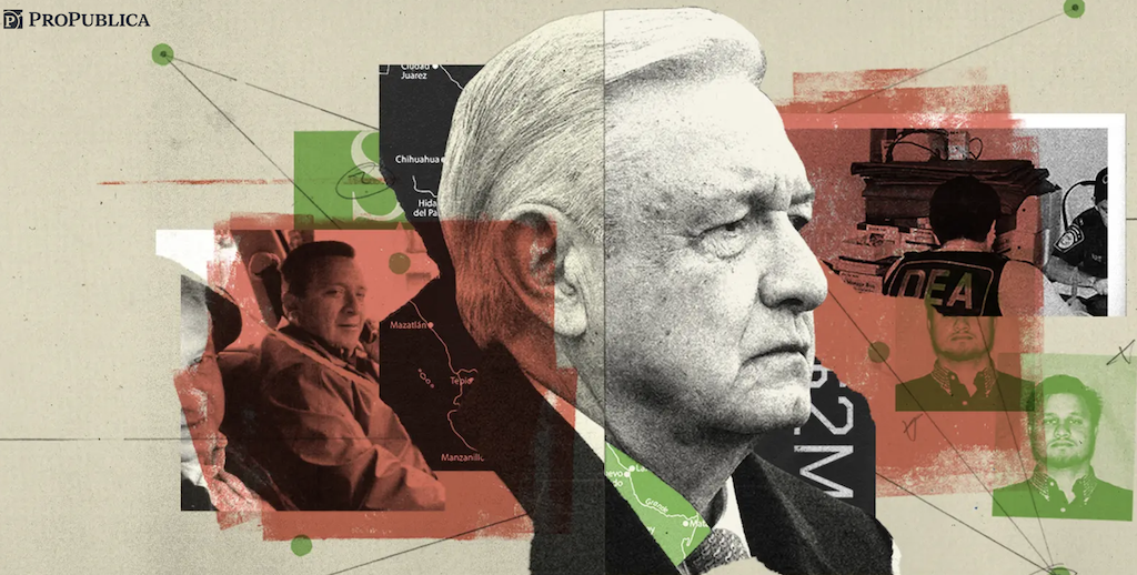 Un collage de imágenes, entre ellas una del presidente de México, Andrés Manuel López Obrador, acompaña el artículo publicado en el sitio ProPublica titulado: ¿Entregaron los narcotraficantes millones de dólares a la primera campaña del Presidente Mexicano López Obrador?