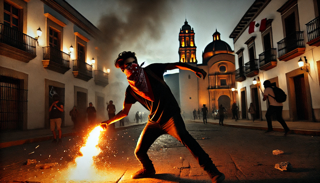 En esta ilustración editorial, un manifestante encapuchado lanza un cóctel molotov en las calles de Oaxaca durante el conflicto magisterial de 2006, en una de las jornadas de mayor tensión entre la APPO y el gobierno estatal. La crisis, originada por la huelga de la Sección 22 del SNTE, se convirtió en un movimiento de resistencia que desafió el orden político local y atrajo la intervención de fuerzas federales. La confrontación, que incluyó barricadas, enfrentamientos violentos y denuncias de represión, dejó una huella indeleble en la historia de los movimientos sociales en México. Imagen generada por IA para fines ilustrativos | Barriozona Magazine © 2025