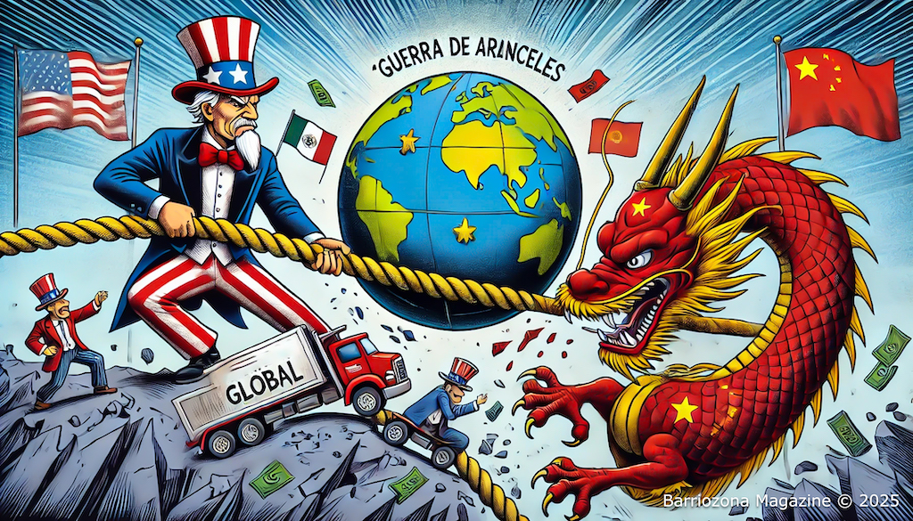 El conflicto comercial entre Estados Unidos, China, México y Canadá, conocido como la Guerra de Aranceles, ha desencadenado una creciente inestabilidad económica a nivel global. En la imagen, una metáfora visual representa la disputa con el Tío Sam (Estados Unidos) y un dragón rojo con estrellas amarillas (China) en un feroz tira y afloja por el comercio global, mientras un globo terráqueo con rutas comerciales fracturadas refleja las tensiones y el impacto en los mercados internacionales. Ilustración: Barriozona Magazine © 2025 (Imagen generada con IA para fines ilustrativos editoriales).