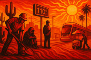 En medio del crecimiento acelerado y el asfalto ardiente, Phoenix revela su doble rostro. El calor extremo transforma el paisaje urbano en un escenario desigual, donde la sombra es privilegio y el sol, sentencia. La realidad, para muchos, no es pasajera, sino cotidiana. Ilustración AI: Barriozona Magazine © 2025