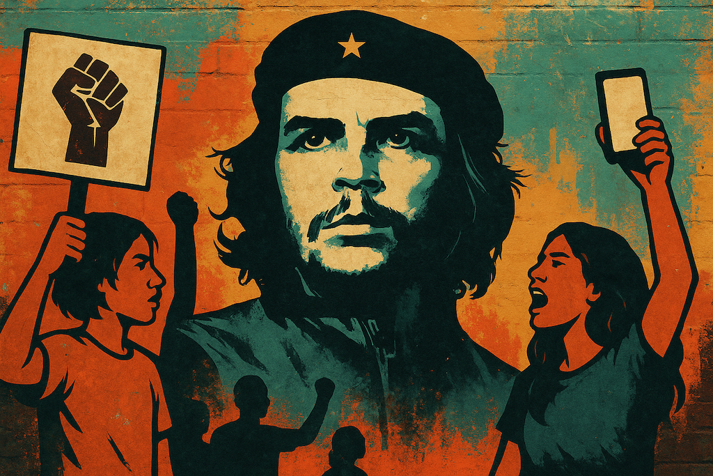 Un mural vibrante reinterpreta a Ernesto Che Guevara como símbolo de la rebeldía perenne, entrelazando la revolución armada del siglo XX con las nuevas batallas digitales de las generaciones actuales. Ilustración IA: Barriozona Magazine © 2025