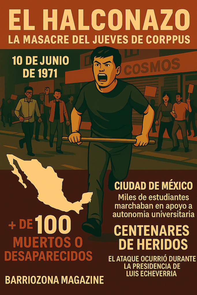 Infografía editorial que conmemora “El Halconazo”, la masacre del Jueves de Corpus del 10 de junio de 1971 en Ciudad de México, cuando miles de estudiantes que marchaban pacíficamente fueron brutalmente reprimidos por el grupo paramilitar Los Halcones. Más de 100 jóvenes fueron asesinados o desaparecidos, y centenares resultaron heridos, en un ataque ocurrido durante la presidencia de Luis Echeverría. Diseño: Barriozona Magazine © 2025