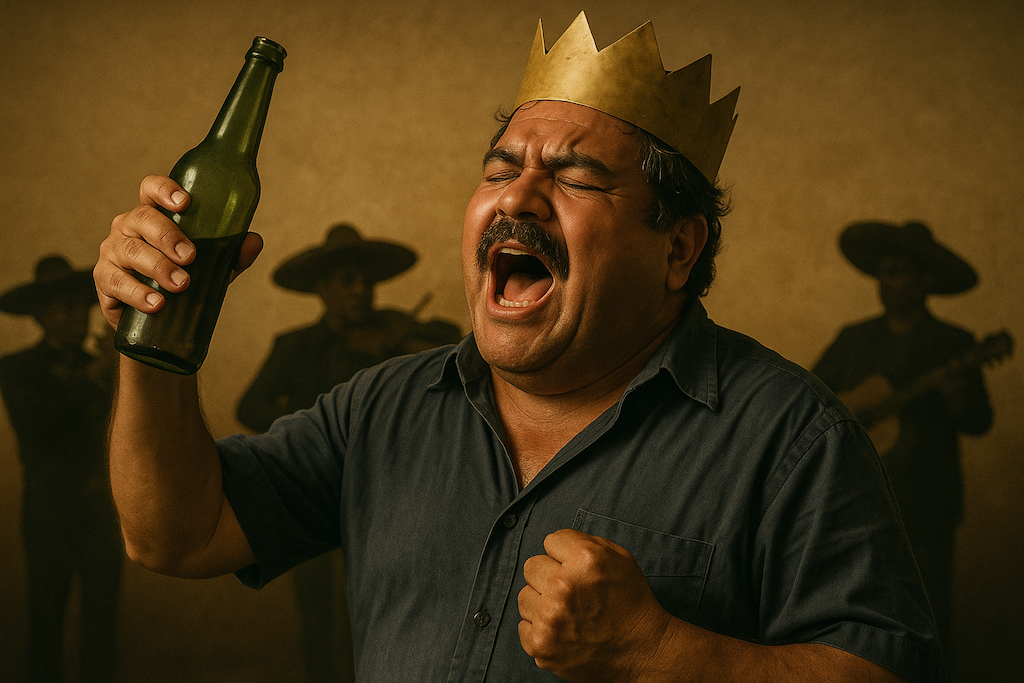 En México, basta un trago y una canción para coronarse. No hacen falta castillos, ni importa no tener trono ni reina: solo el eco dolido de una ranchera y el valor de cantar con el alma rota. Porque en cada verso de José Alfredo, hasta el más quebrado levanta la voz como si el mundo fuera suyo. Ilustración IA: Barriozona Magazine © 2025