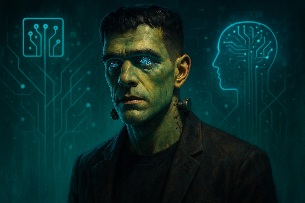Inspirada en la novela de Mary Shelley, esta imagen reimagina a el monstruo Frankenstein en pleno siglo XXI: una criatura sin cadenas ni castillos, ensamblada con circuitos en lugar de carne, vagando en una ciudad gobernada por la inteligencia artificial. Su figura solitaria encarna la advertencia de Shelley sobre el poder creador sin responsabilidad. Ilustración IA: Barriozona Magazine © 2025